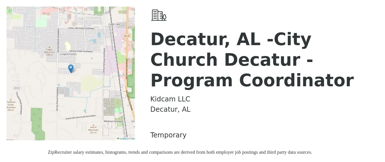 Kidcam LLC job posting for a Decatur, AL -City Church Decatur -Program Coordinator in Decatur, AL with a salary of $40,200 to $59,900 Yearly with a map of Decatur location.