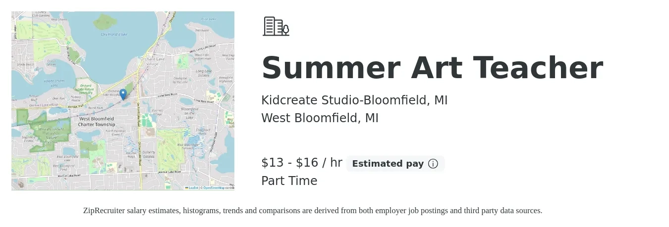 Kidcreate Studio-Bloomfield, MI job posting for a Summer Art Teacher in West Bloomfield, MI with a salary of $14 to $17 Hourly with a map of West Bloomfield location.