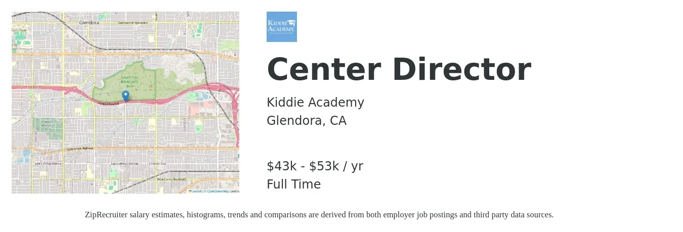 Kiddie Academy job posting for a Center Director in Glendora, CA with a salary of $43,000 to $53,000 Yearly with a map of Glendora location.