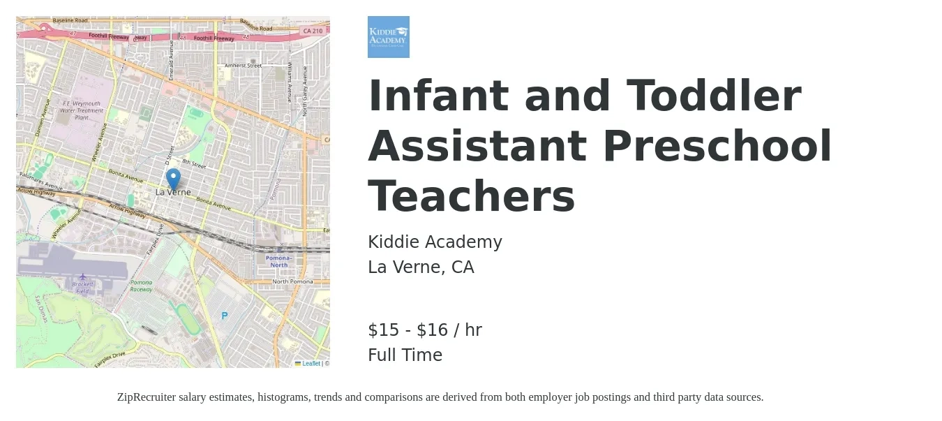 Kiddie Academy job posting for a Infant and Toddler Assistant Preschool Teachers in La Verne, CA with a salary of $16 to $17 Hourly with a map of La Verne location.