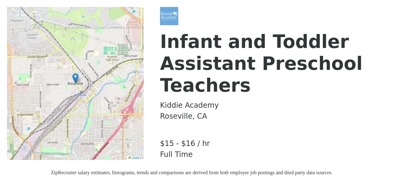 Kiddie Academy job posting for a Infant and Toddler Assistant Preschool Teachers in Roseville, CA with a salary of $16 to $20 Hourly with a map of Roseville location.