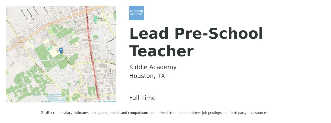 Kiddie Academy job posting for a Lead Pre-School Teacher in Houston, TX with a salary of $13 Hourly with a map of Houston location.