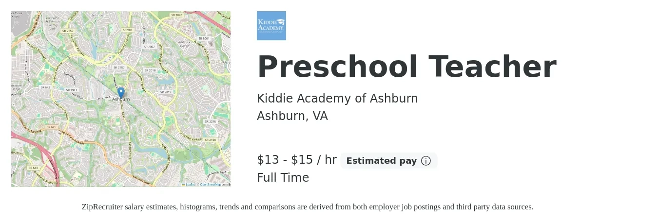 Kiddie Academy of Ashburn job posting for a Preschool Teacher in Ashburn, VA with a salary of $14 to $16 Hourly with a map of Ashburn location.