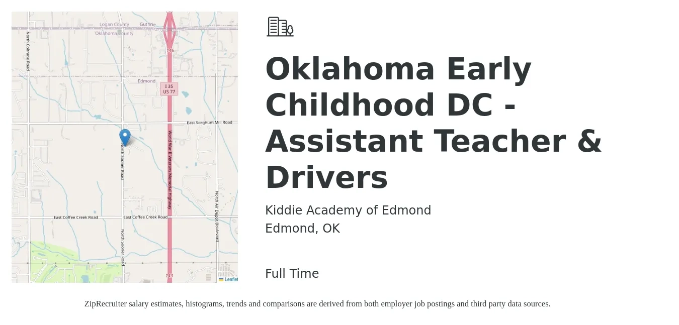 Kiddie Academy of Edmond job posting for a Oklahoma Early Childhood DC - Assistant Teacher & Drivers in Edmond, OK with a salary of $10 to $13 Hourly with a map of Edmond location.