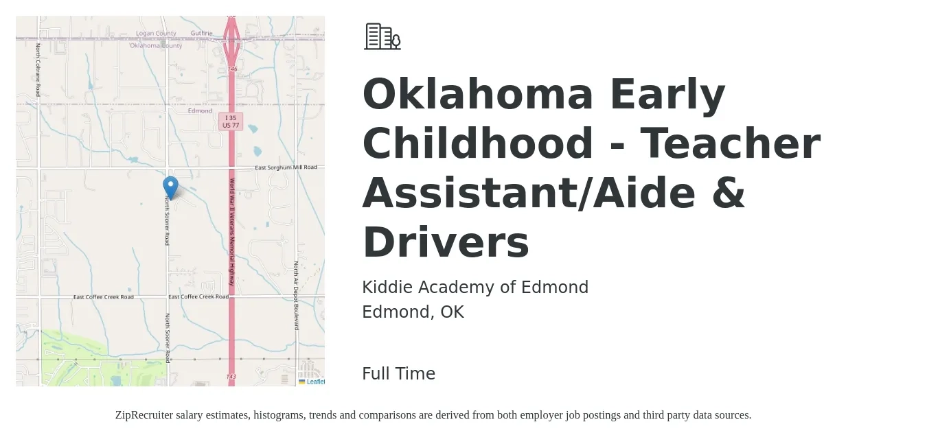 Kiddie Academy of Edmond job posting for a Oklahoma Early Childhood - Teacher Assistant/Aide & Drivers in Edmond, OK with a salary of $10 to $13 Hourly with a map of Edmond location.