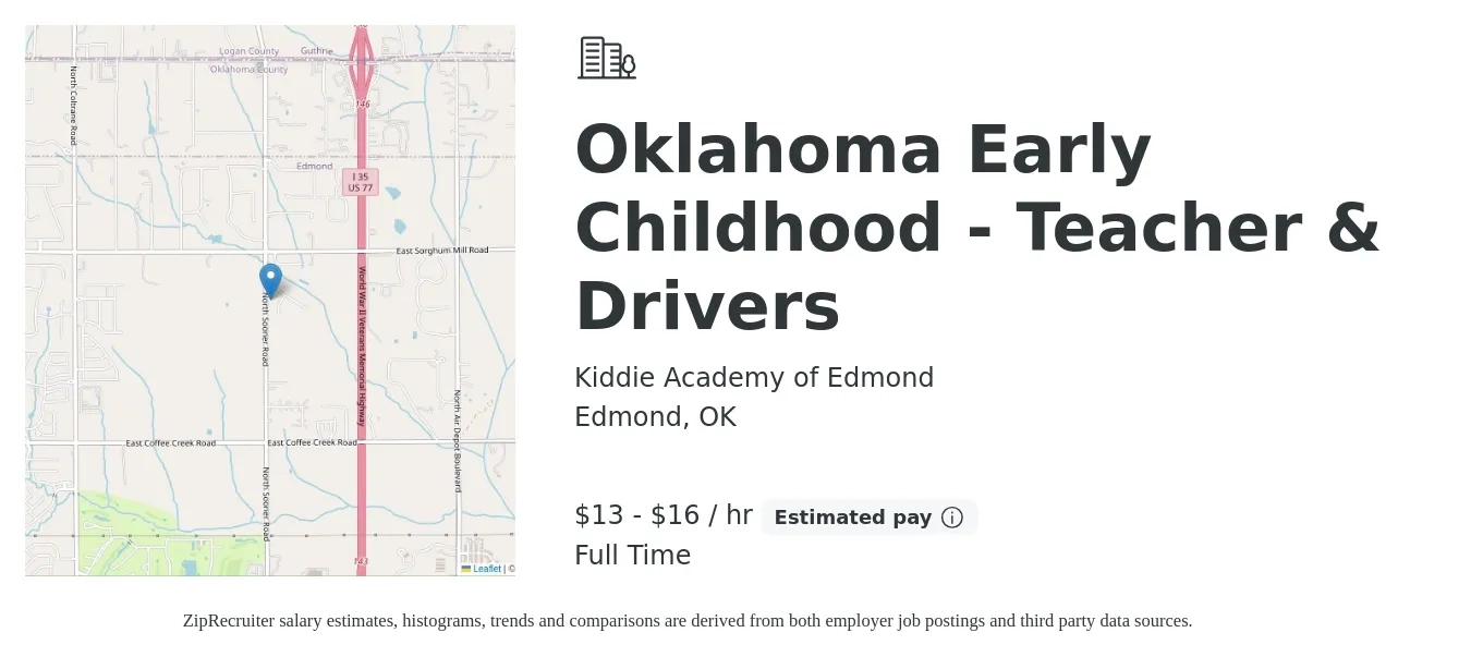 Kiddie Academy of Edmond job posting for a Oklahoma Early Childhood - Teacher & Drivers in Edmond, OK with a salary of $14 to $17 Hourly with a map of Edmond location.
