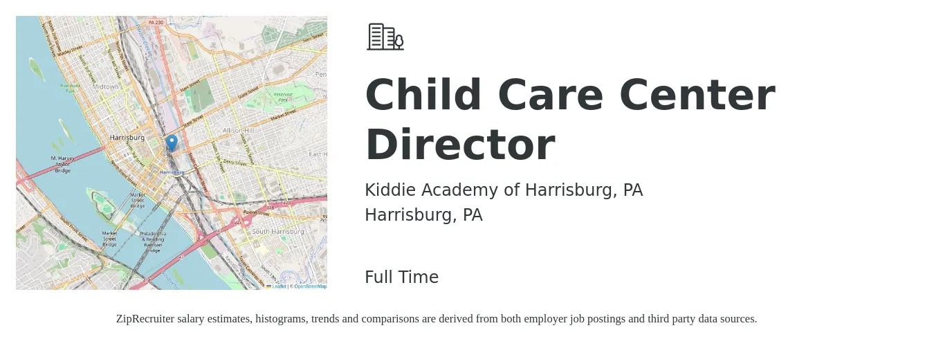 Kiddie Academy of Harrisburg, PA job posting for a Child Care Center Director in Harrisburg, PA with a salary of $39,500 to $59,200 Yearly with a map of Harrisburg location.