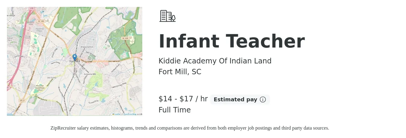 Kiddie Academy Of Indian Land job posting for a Infant Teacher in Fort Mill, SC with a salary of $15 to $18 Hourly with a map of Fort Mill location.