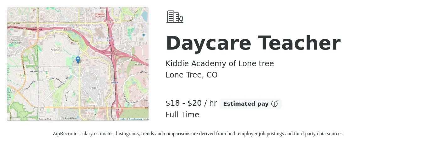 Kiddie Academy of Lone tree job posting for a Daycare Teacher in Lone Tree, CO with a salary of $19 to $22 Hourly with a map of Lone Tree location.