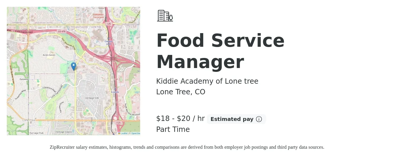 Kiddie Academy of Lone tree job posting for a Food Service Manager in Lone Tree, CO with a salary of $19 to $21 Hourly with a map of Lone Tree location.