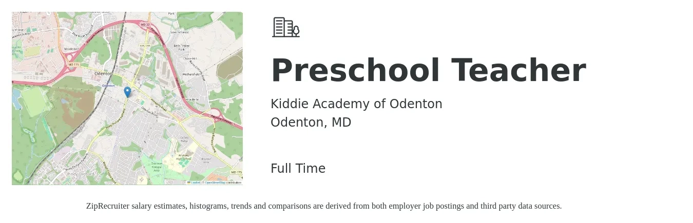 Kiddie Academy of Odenton job posting for a Preschool Teacher in Odenton, MD with a salary of $17 to $22 Hourly with a map of Odenton location.