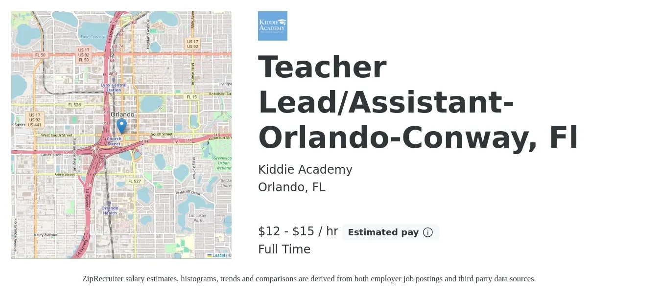 Kiddie Academy job posting for a Teacher Lead/Assistant-Orlando-Conway, Fl in Orlando, FL with a salary of $14 to $16 Hourly with a map of Orlando location.