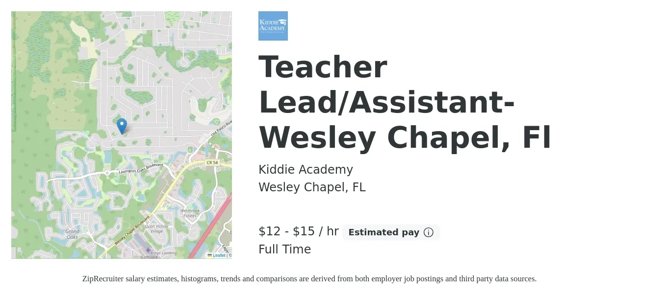 Kiddie Academy job posting for a Teacher Lead/Assistant-Wesley Chapel, Fl in Wesley Chapel, FL with a salary of $14 to $16 Hourly with a map of Wesley Chapel location.