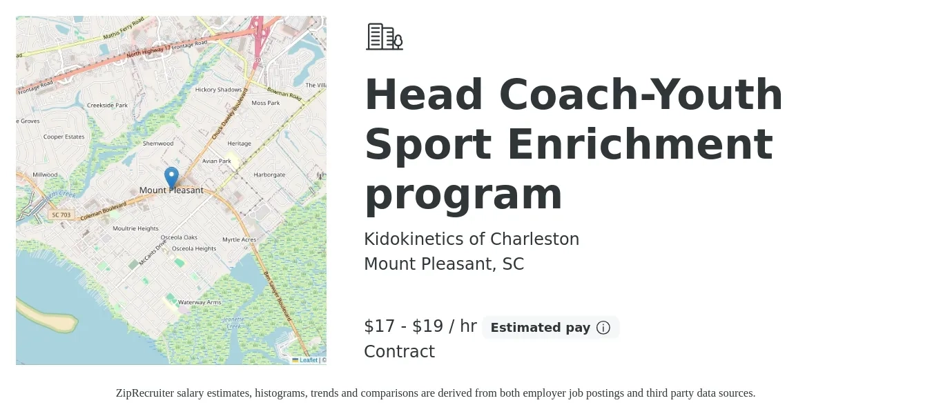 Kidokinetics of Charleston job posting for a Head Coach-Youth Sport Enrichment program in Mount Pleasant, SC with a salary of $18 to $20 Hourly with a map of Mount Pleasant location.