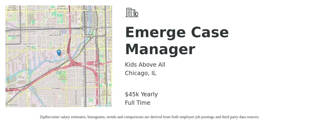 Kids Above All job posting for a Emerge Case Manager in Chicago, IL with a salary of $21 to $29 Hourly with a map of Chicago location.