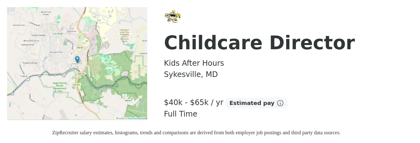 Kids After Hours job posting for a Childcare Director in Sykesville, MD with a salary of $40,000 to $65,000 Yearly with a map of Sykesville location.