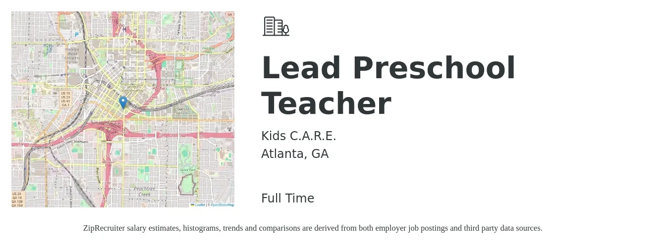 Kids C.A.R.E. job posting for a Lead Preschool Teacher in Atlanta, GA with a salary of $2,000 to $3,000 Monthly with a map of Atlanta location.