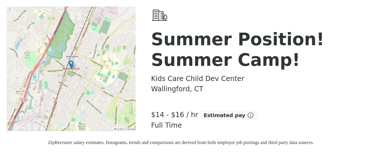 Kids Care Child Dev Center job posting for a Summer Position! Summer Camp! in Wallingford, CT with a salary of $15 to $17 Hourly with a map of Wallingford location.
