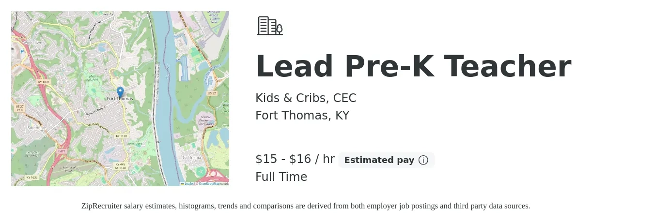 Kids & Cribs, CEC job posting for a Lead Pre-K Teacher in Fort Thomas, KY with a salary of $16 to $18 Hourly with a map of Fort Thomas location.