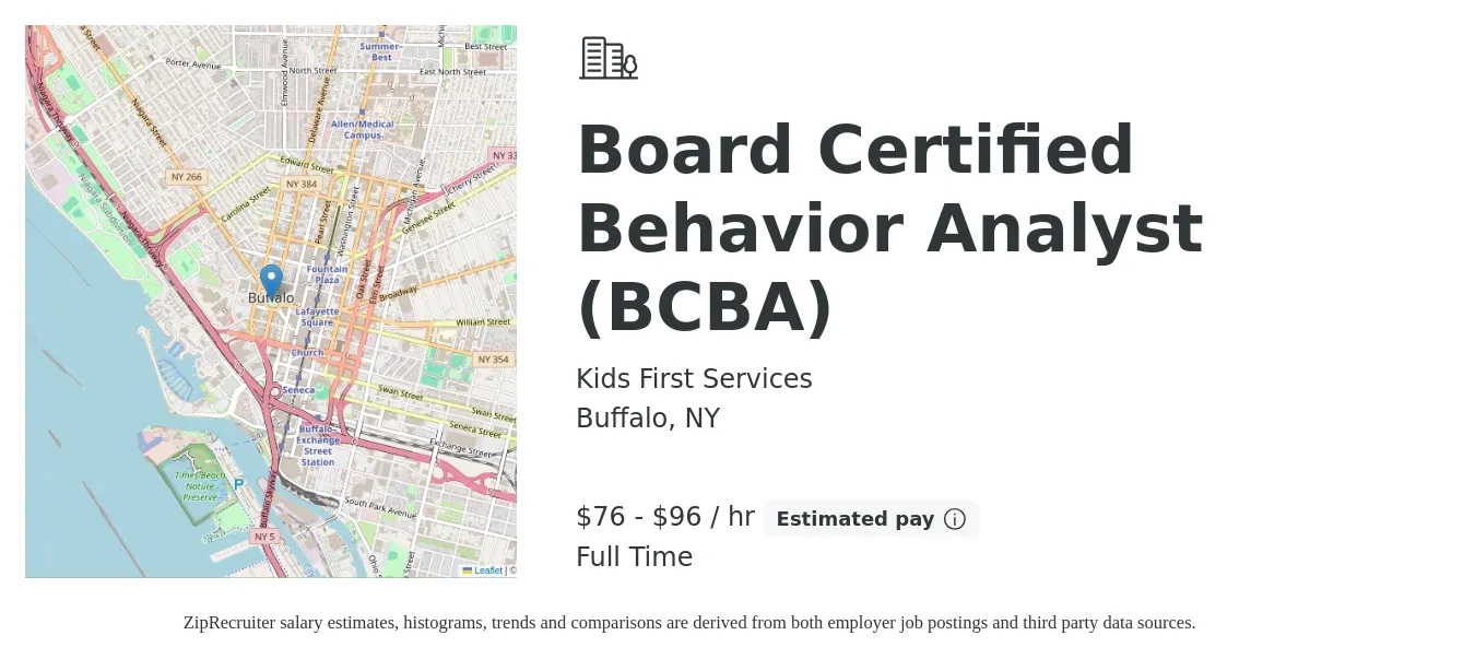 Kids First Services job posting for a Board Certified Behavior Analyst (BCBA) in Buffalo, NY with a salary of $80 to $100 Hourly with a map of Buffalo location.