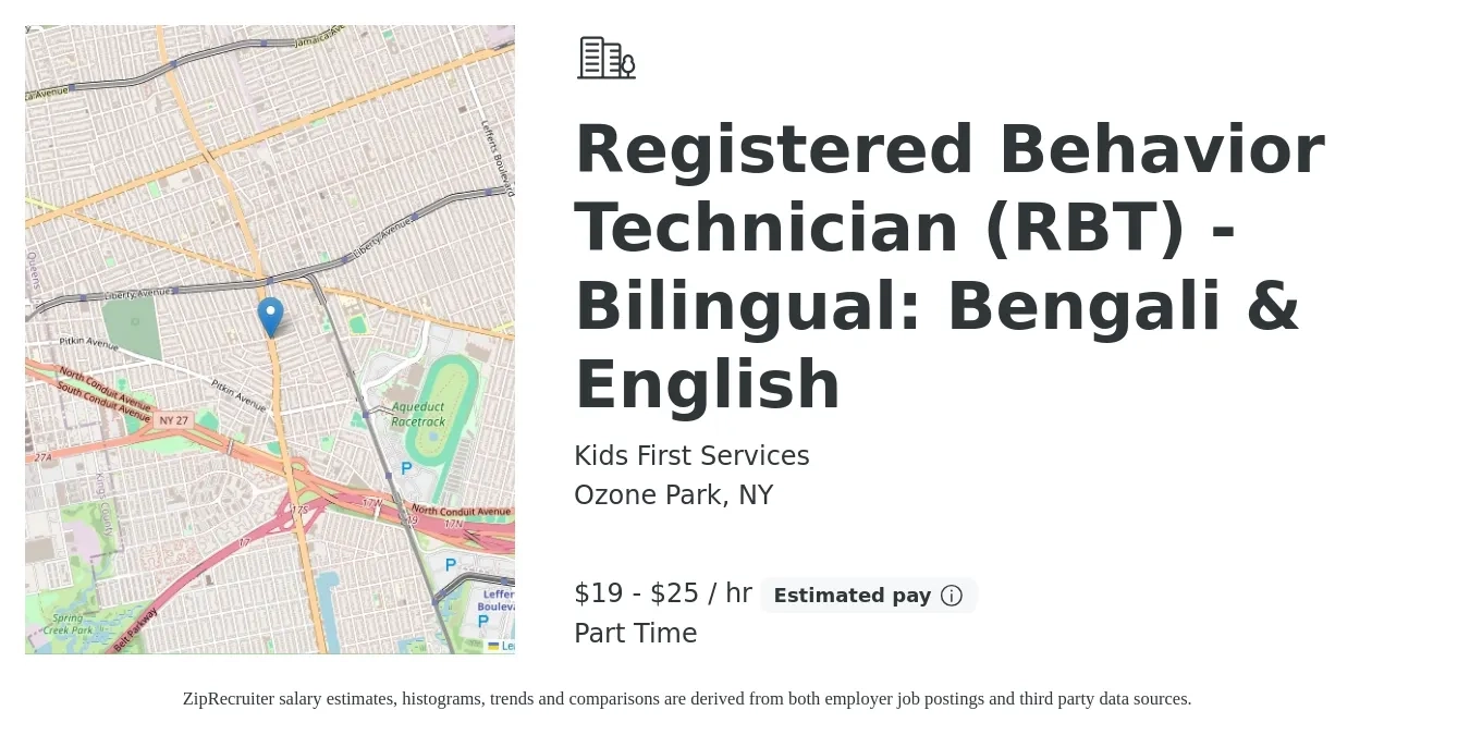 Kids First Services job posting for a Registered Behavior Technician (RBT) - Bilingual: Bengali & English in Ozone Park, NY with a salary of $20 to $27 Hourly with a map of Ozone Park location.