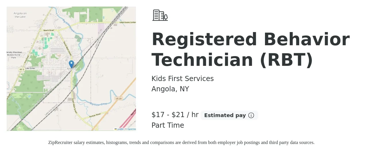 Kids First Services job posting for a Registered Behavior Technician (RBT) in Angola, NY with a salary of $18 to $22 Hourly with a map of Angola location.