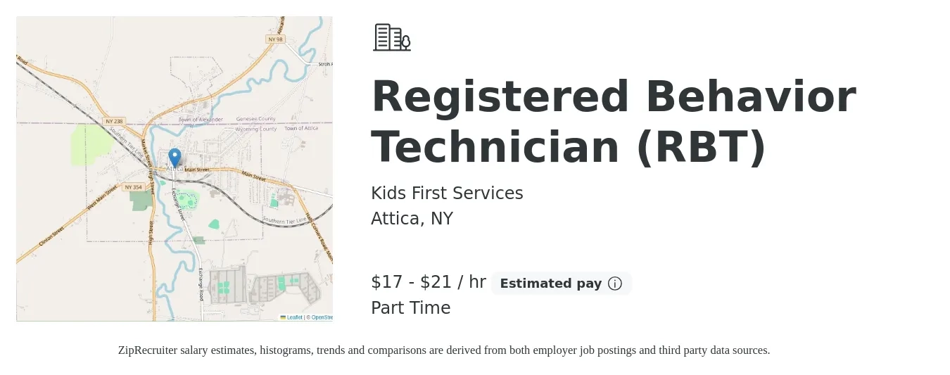 Kids First Services job posting for a Registered Behavior Technician (RBT) in Attica, NY with a salary of $18 to $22 Hourly with a map of Attica location.