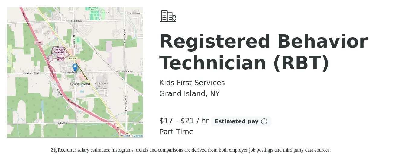 Kids First Services job posting for a Registered Behavior Technician (RBT) in Grand Island, NY with a salary of $18 to $22 Hourly with a map of Grand Island location.