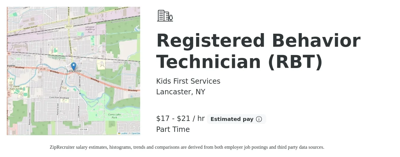 Kids First Services job posting for a Registered Behavior Technician (RBT) in Lancaster, NY with a salary of $18 to $22 Hourly with a map of Lancaster location.