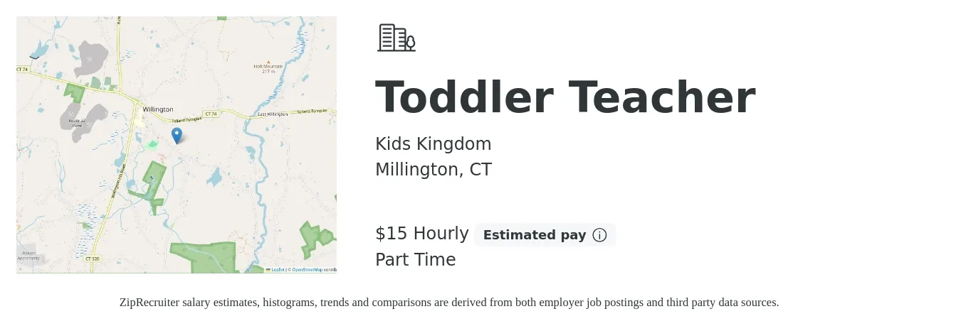 Kids Kingdom job posting for a Toddler Teacher in Millington, CT with a salary of $16 to $16 Hourly with a map of Millington location.