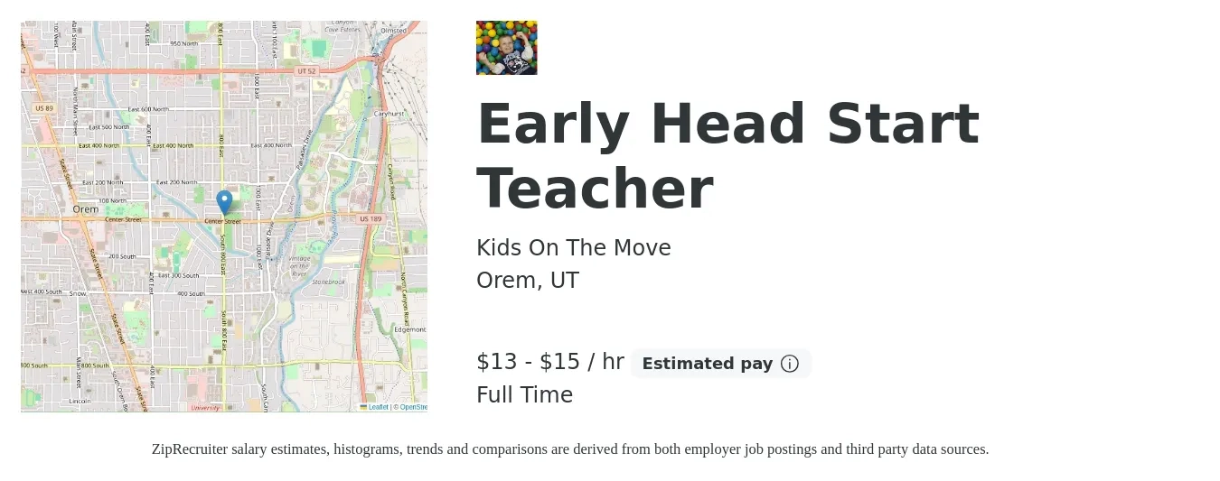 Kids On The Move job posting for a Early Head Start Teacher in Orem, UT with a salary of $30,000 to $34,000 Yearly with a map of Orem location.