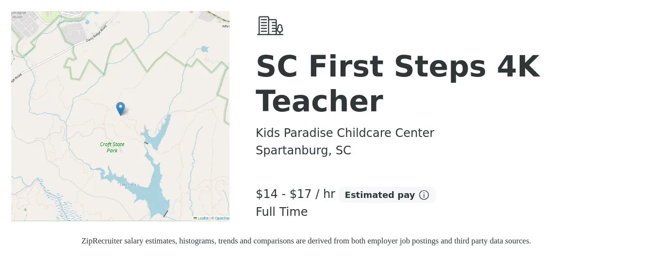 Kids Paradise Childcare Center job posting for a SC First Steps 4K Teacher in Spartanburg, SC with a salary of $15 to $18 Hourly with a map of Spartanburg location.