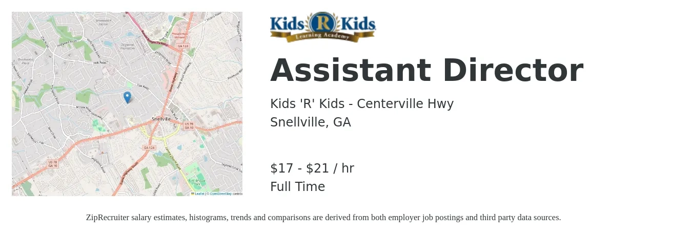 Kids 'R' Kids - Centerville Hwy job posting for a Assistant Director in Snellville, GA with a salary of $18 to $22 Hourly with a map of Snellville location.