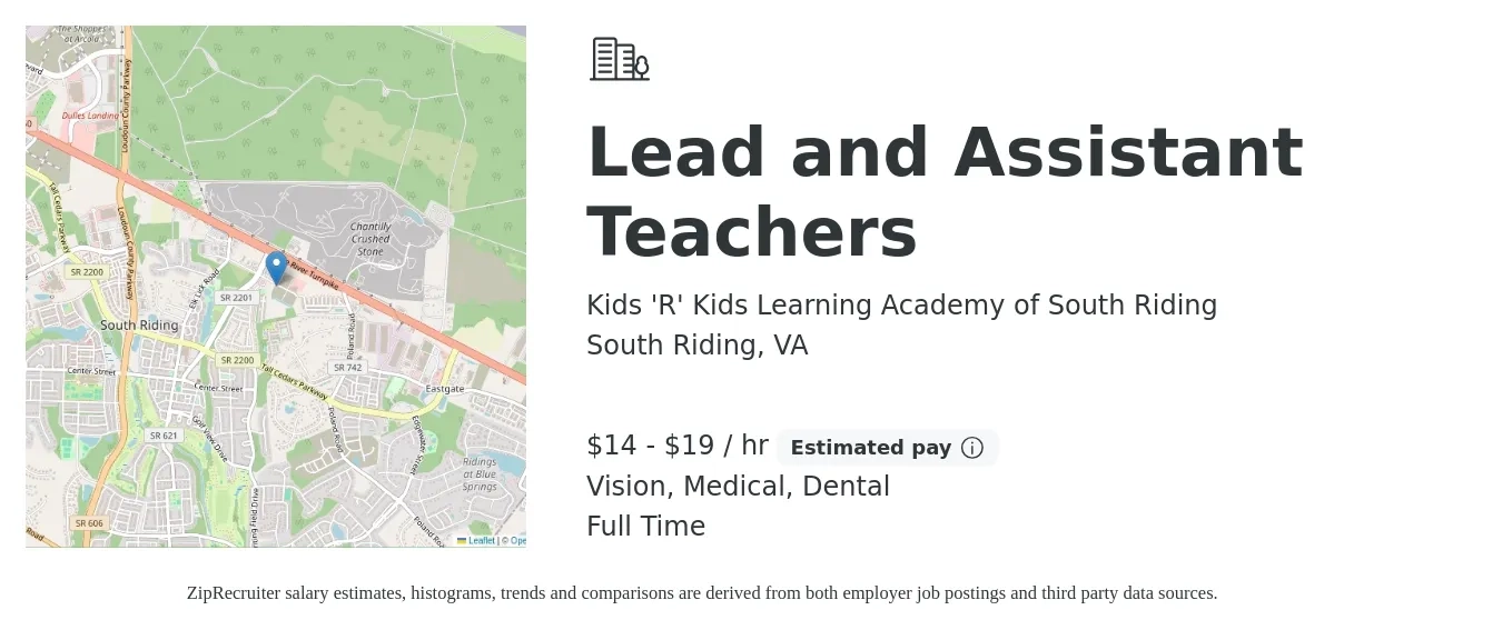 Kids 'R' Kids Learning Academy of South Riding job posting for a Lead and Assistant Teachers in South Riding, VA with a salary of $15 to $20 Hourly and benefits including dental, medical, and vision with a map of South Riding location.