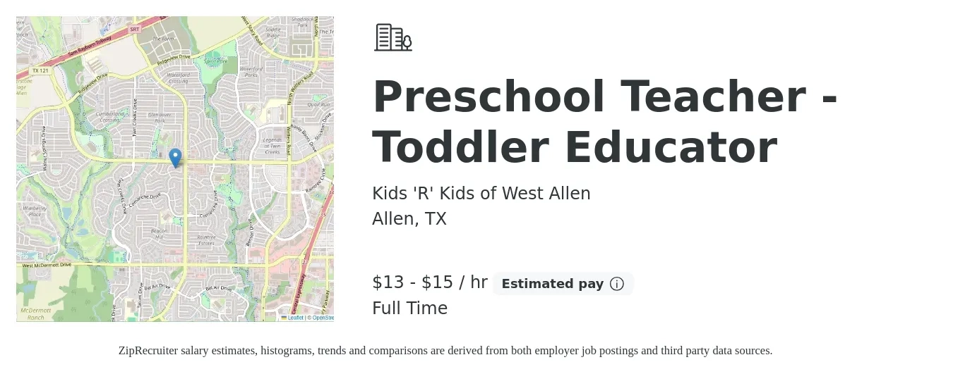 Kids 'R' Kids of West Allen job posting for a Preschool Teacher - Toddler Educator in Allen, TX with a salary of $14 to $16 Hourly with a map of Allen location.
