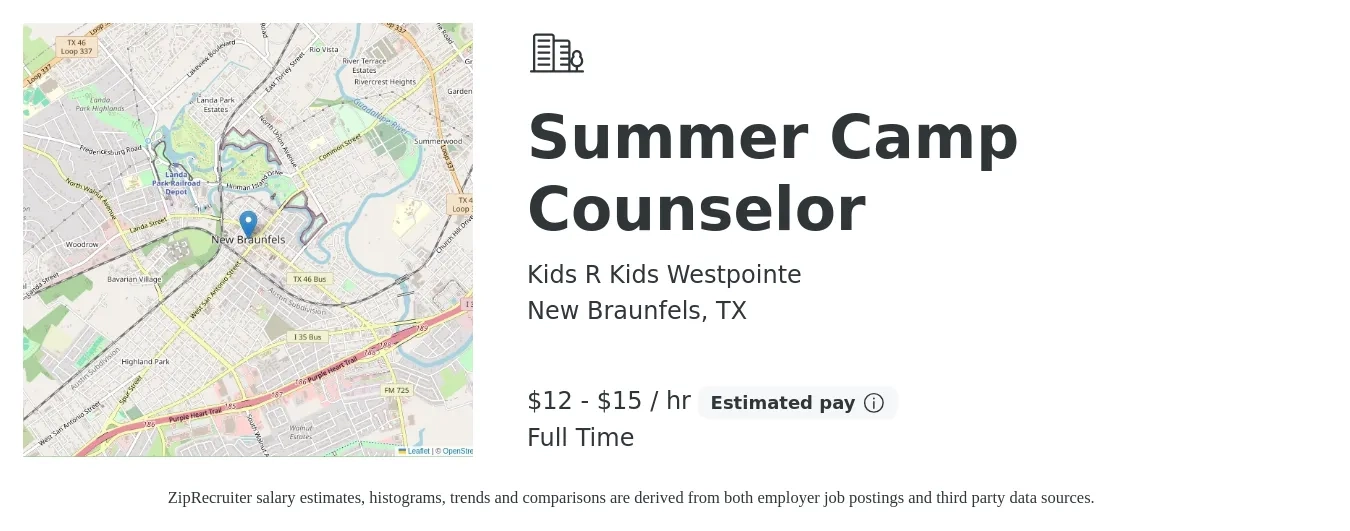 Kids R Kids Westpointe job posting for a Summer Camp Counselor in New Braunfels, TX with a salary of $13 to $16 Hourly with a map of New Braunfels location.