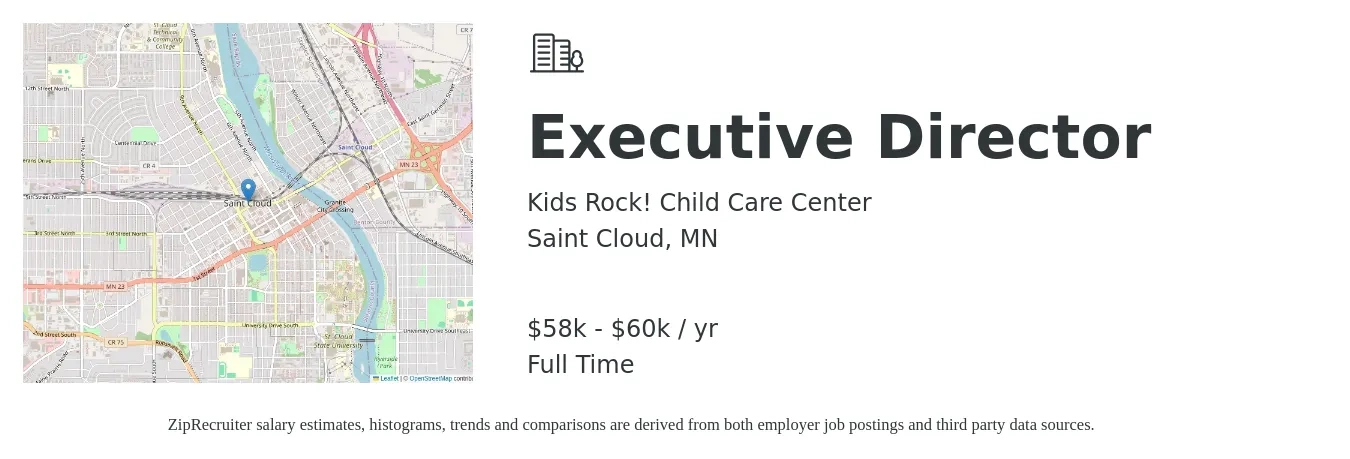 Kids Rock! Child Care Center job posting for a Executive Director in Saint Cloud, MN with a salary of $58,000 to $60,000 Yearly with a map of Saint Cloud location.