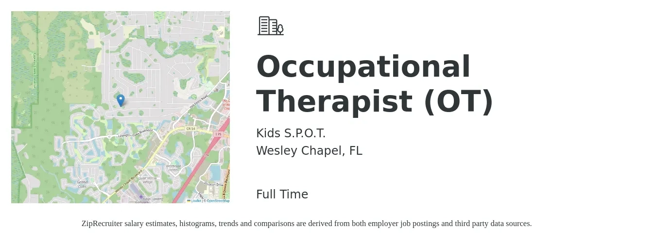 Kids S.P.O.T. job posting for a Occupational Therapist (OT) in Wesley Chapel, FL with a salary of $36 to $47 Hourly with a map of Wesley Chapel location.
