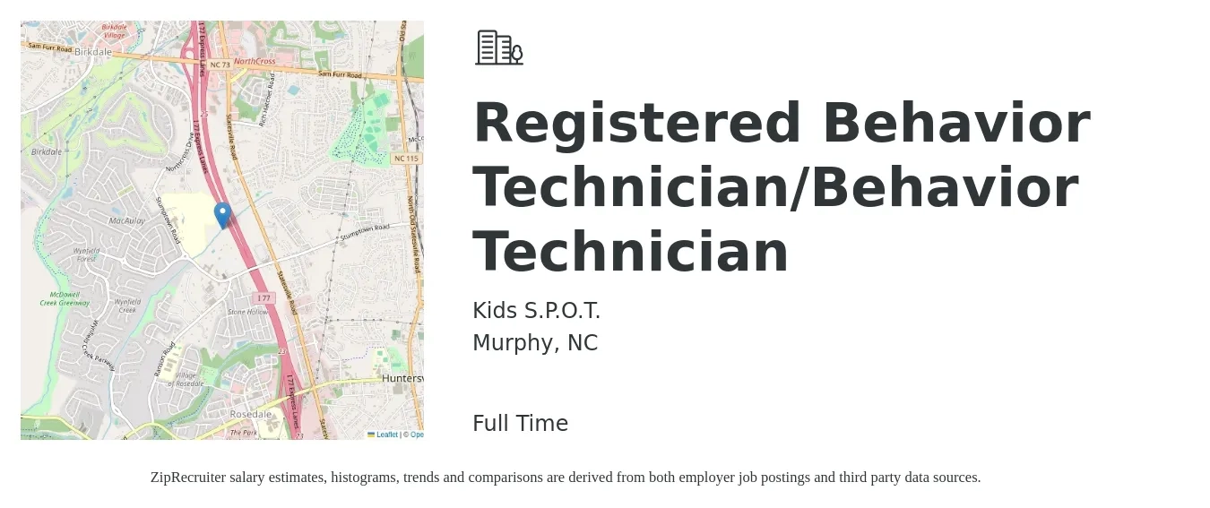 Kids S.P.O.T. job posting for a Registered Behavior Technician/Behavior Technician in Murphy, NC with a salary of $22 to $24 Hourly with a map of Murphy location.