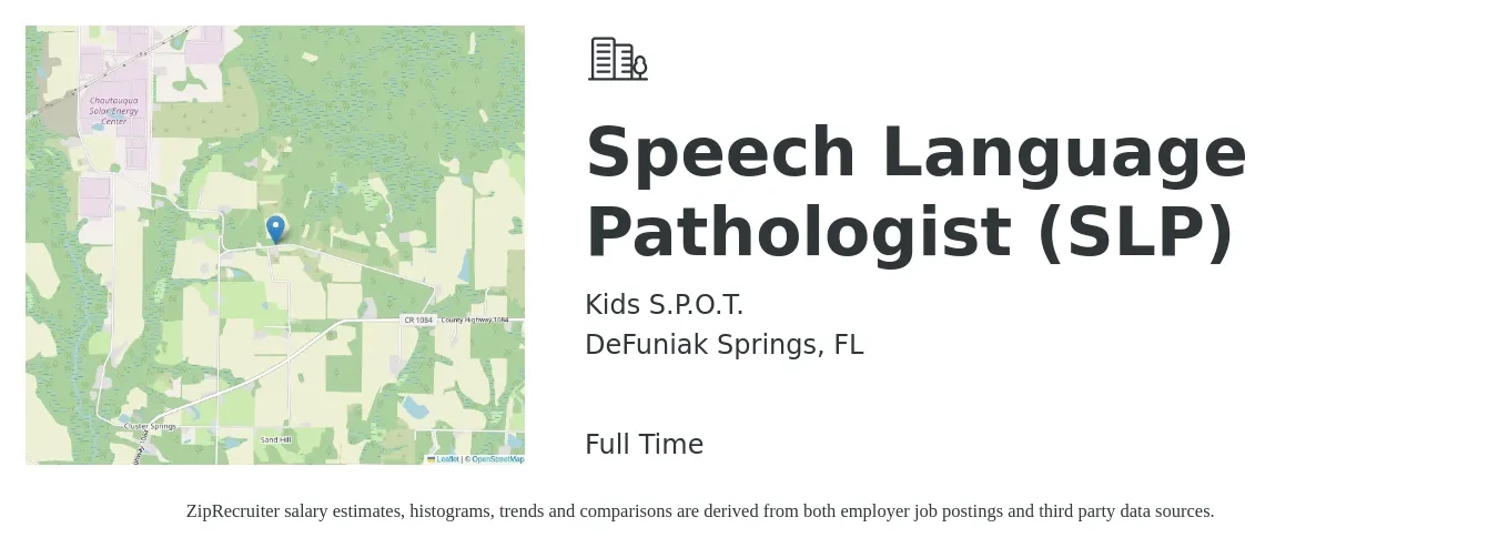 Kids S.P.O.T. job posting for a Speech Language Pathologist (SLP) in DeFuniak Springs, FL with a salary of $31 to $44 Hourly with a map of DeFuniak Springs location.