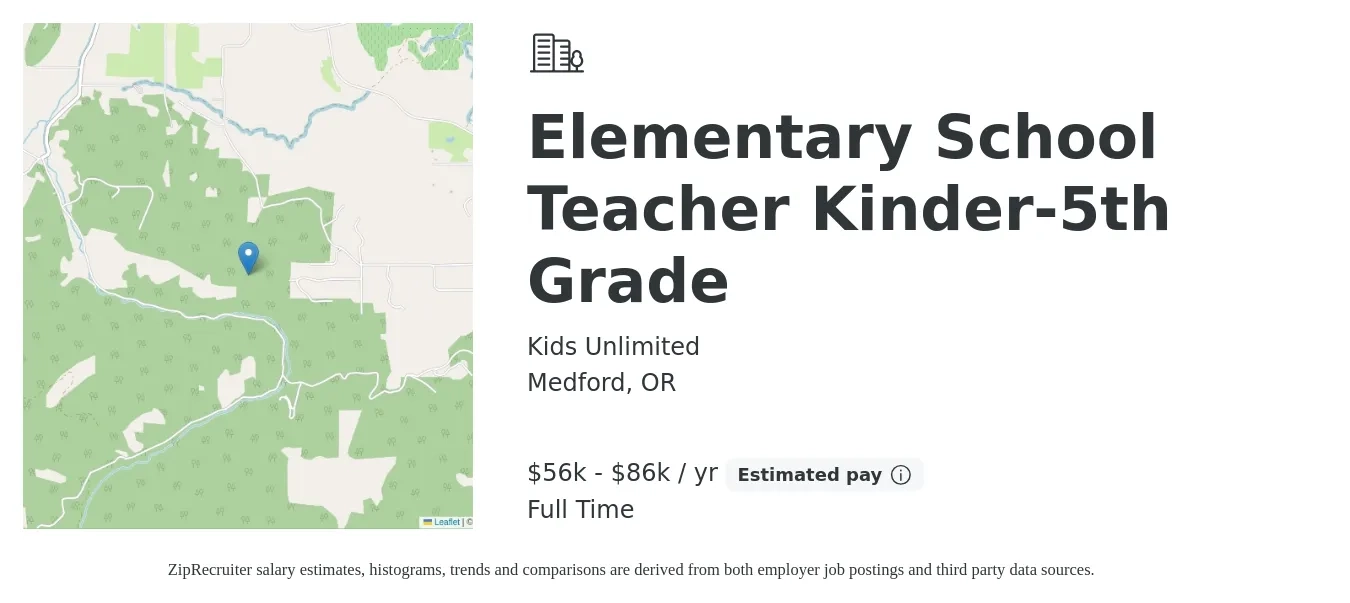 Kids Unlimited job posting for a Elementary School Teacher Kinder-5th Grade in Medford, OR with a salary of $56,812 to $86,768 Yearly with a map of Medford location.