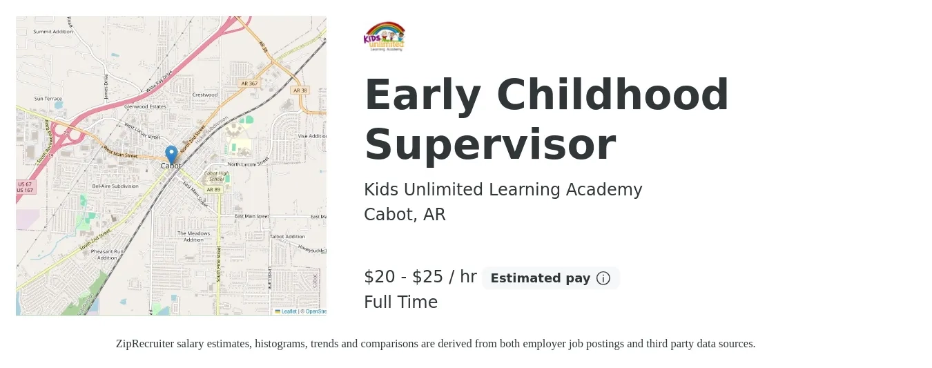 Kids Unlimited Learning Academy job posting for a Early Childhood Supervisor in Cabot, AR with a salary of $21 to $27 Hourly with a map of Cabot location.