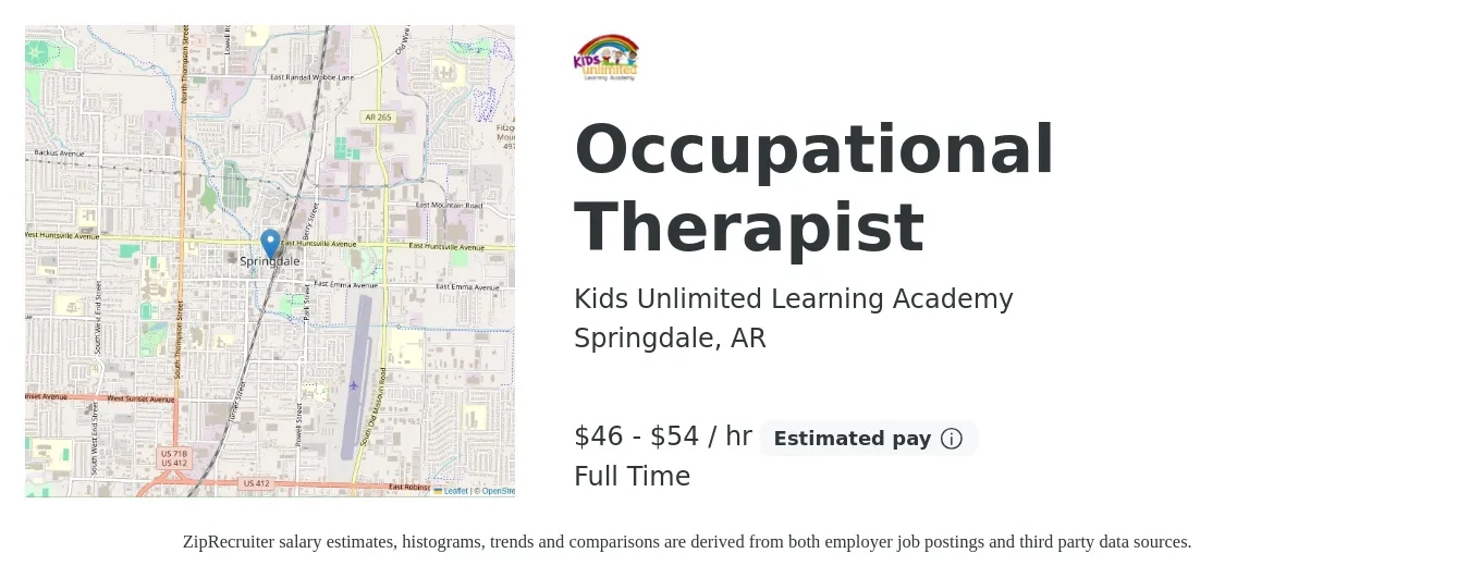 Kids Unlimited Learning Academy job posting for a Occupational Therapist in Springdale, AR with a salary of $48 to $57 Hourly with a map of Springdale location.