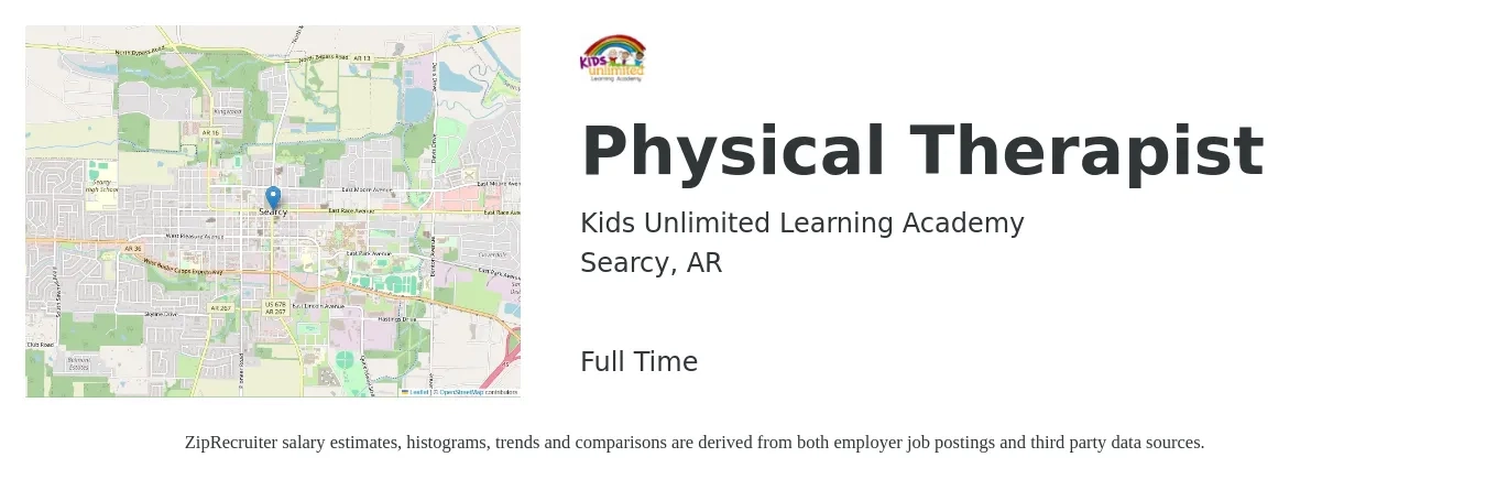 Kids Unlimited Learning Academy job posting for a Physical Therapist in Searcy, AR with a salary of $48 to $58 Hourly with a map of Searcy location.