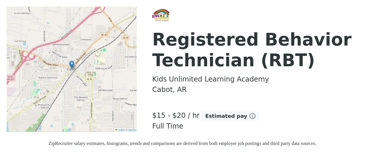 Kids Unlimited Learning Academy job posting for a Registered Behavior Technician (RBT) in Cabot, AR with a salary of $16 to $21 Hourly with a map of Cabot location.