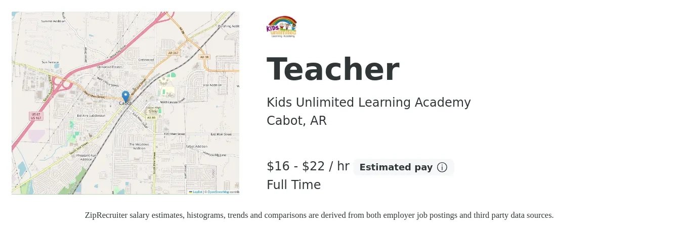 Kids Unlimited Learning Academy job posting for a Teacher in Cabot, AR with a salary of $17 to $23 Hourly with a map of Cabot location.