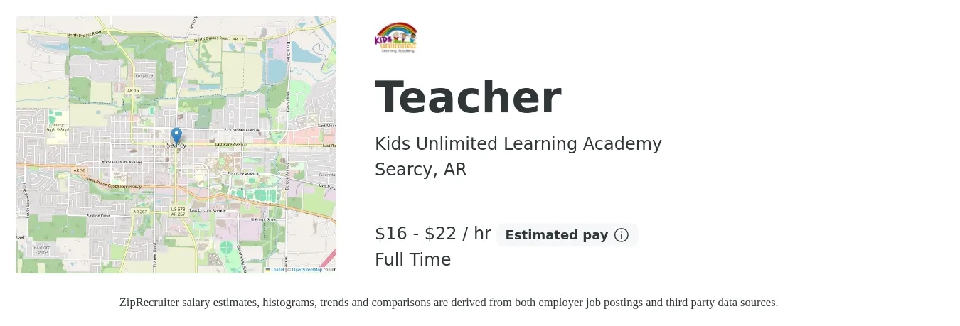 Kids Unlimited Learning Academy job posting for a Teacher in Searcy, AR with a salary of $17 to $23 Hourly with a map of Searcy location.