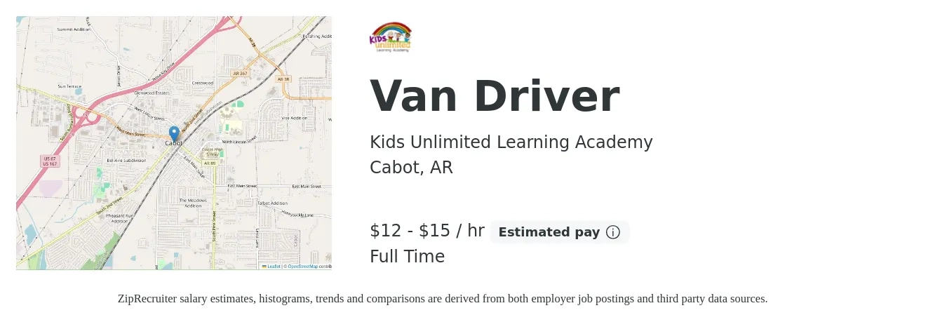 Kids Unlimited Learning Academy job posting for a Van Driver in Cabot, AR with a salary of $13 to $16 Hourly with a map of Cabot location.