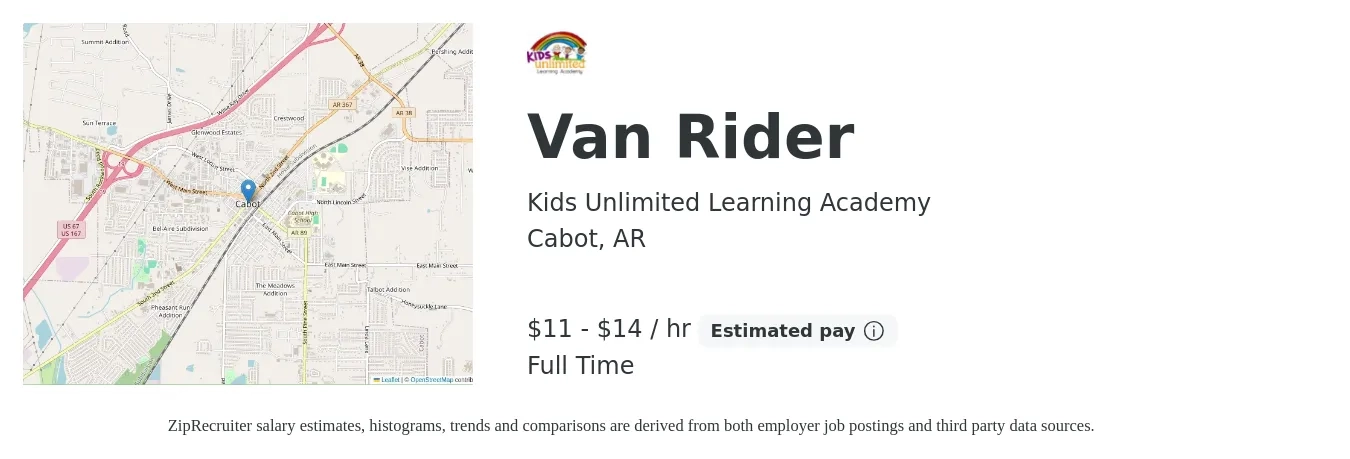 Kids Unlimited Learning Academy job posting for a Van Rider in Cabot, AR with a salary of $12 to $15 Hourly with a map of Cabot location.