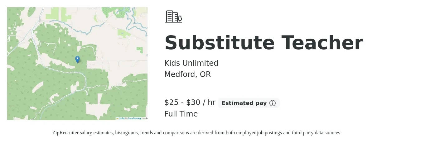 Kids Unlimited job posting for a Substitute Teacher in Medford, OR with a salary of $26 to $31 Hourly with a map of Medford location.